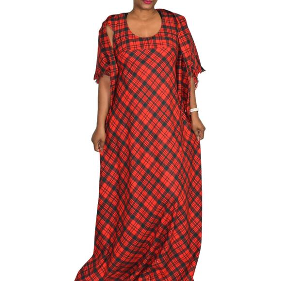 Vintage Saba Tartan Dress Red Matching Shawl Wool Plaid 70s Maxi Set Size Medium - Picture 12 of 15